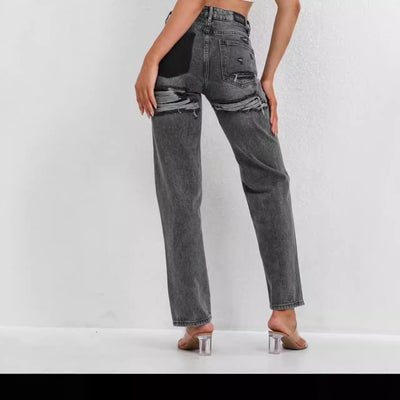 Jeansy Damskie w Stylu Retro | Prosty Krój z Przetarciami