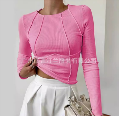 Damska bluzka basic – biała, slim fit, z długim rękawem