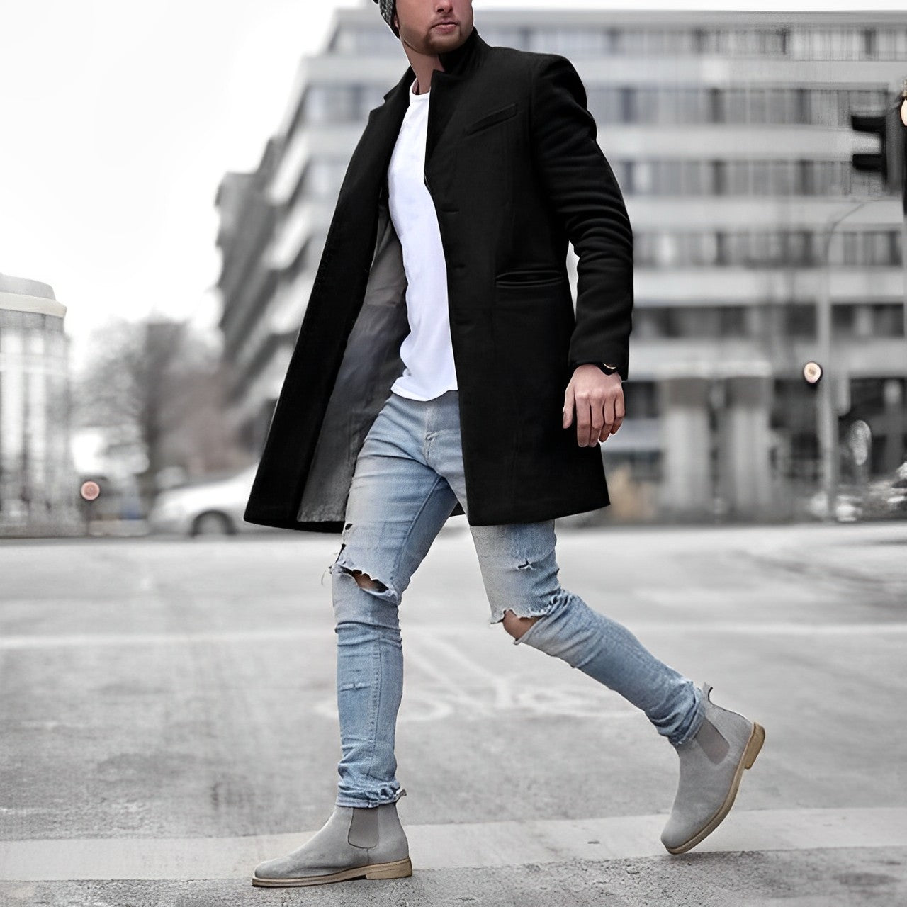 Męski Klasyczny Płaszcz Trenczowy | Elegancki Kołnierz