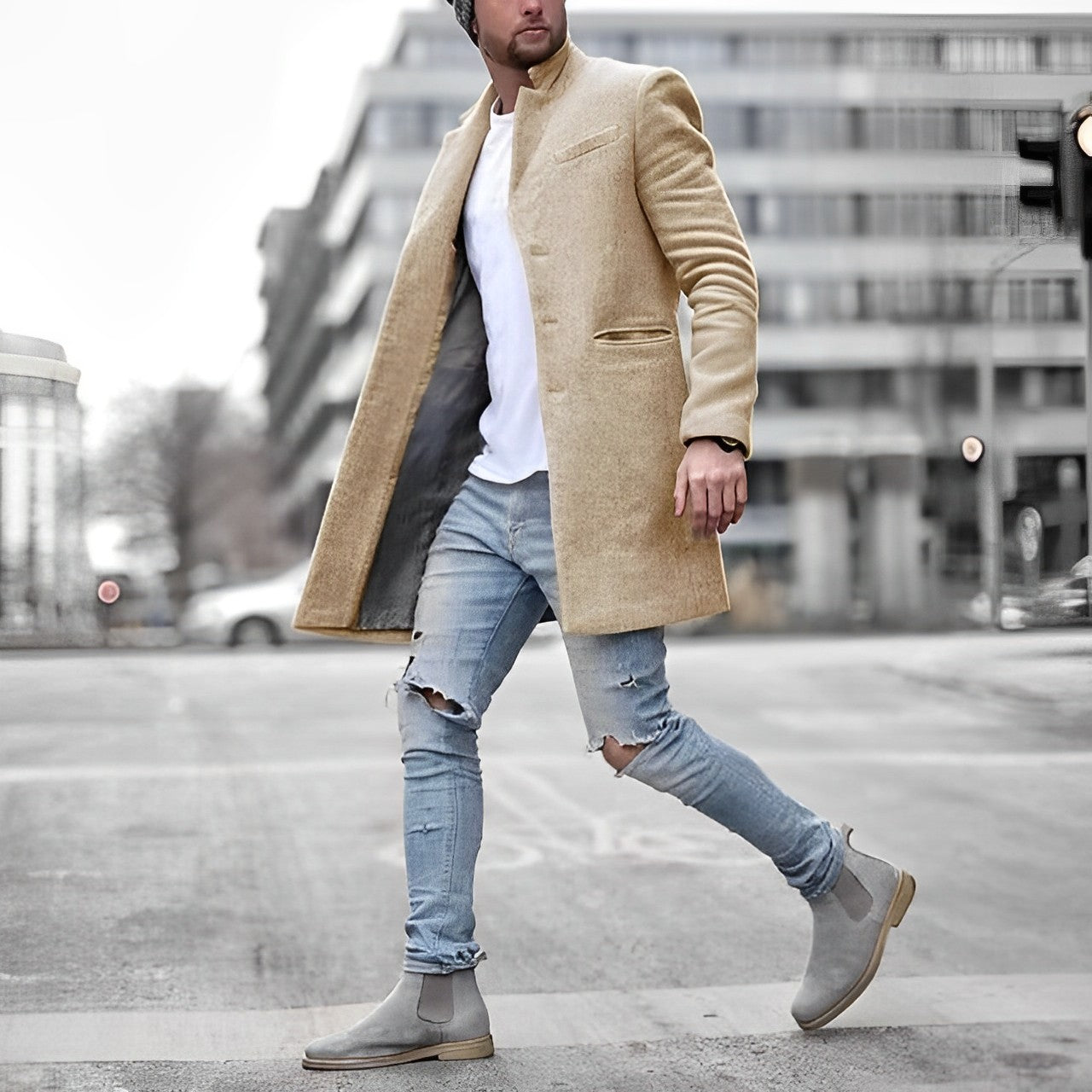 Męski Klasyczny Płaszcz Trenczowy | Elegancki Kołnierz