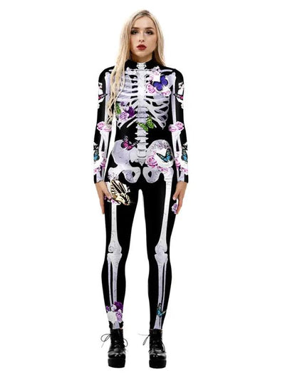 Damski Strój Halloween w Kwiaty i Szkielet | Stylowy & Straszny Kostium