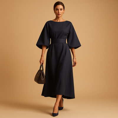 Elegancka Sukienka Midi Dla Kobiet z Paskiem | Rozkloszowany Krój