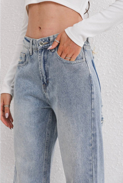 Jeansy Damskie w Stylu Retro | Prosty Krój z Przetarciami